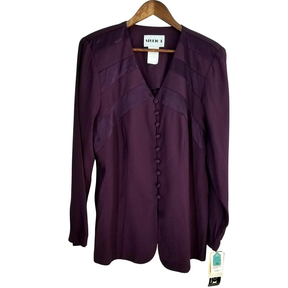 Vintange Studio I Plum Satin Trim Button Front Blazer Jacket NWT 16W USA Made